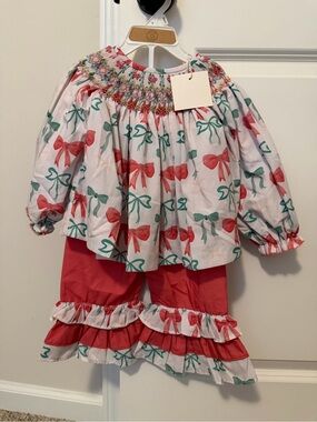 Girls Red & Green Bow-Print Two-Piece Set with Smocked Yoke- BUSY BEE SMOCKS!